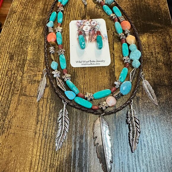 Turquoise‎ Feather Southwestern Boho Multi Necklace and Earrings Set - Picture 10 of 11